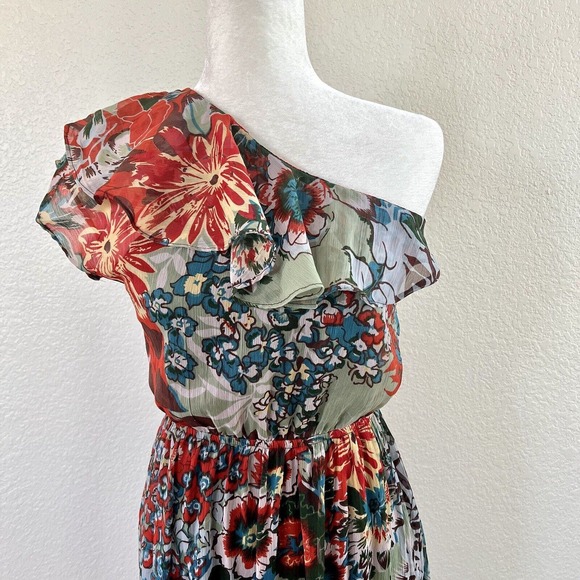 American Rag Cie Sz Small Maxi Dress One Sleeve Red Blue Floral Paisley Layered - Picture 2 of 14